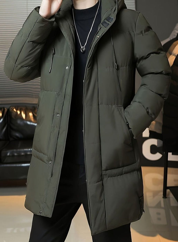 Herren Longline Kapuzen-Pufferjacke Winddichte Winterjacke
