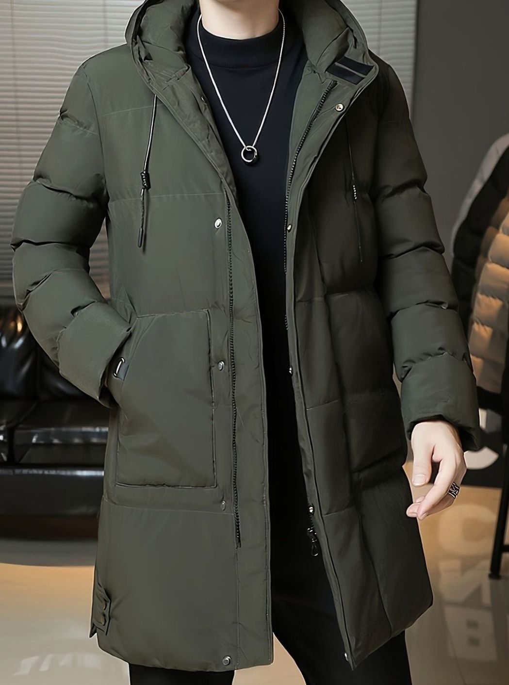 Herren Longline Kapuzen-Pufferjacke Winddichte Winterjacke