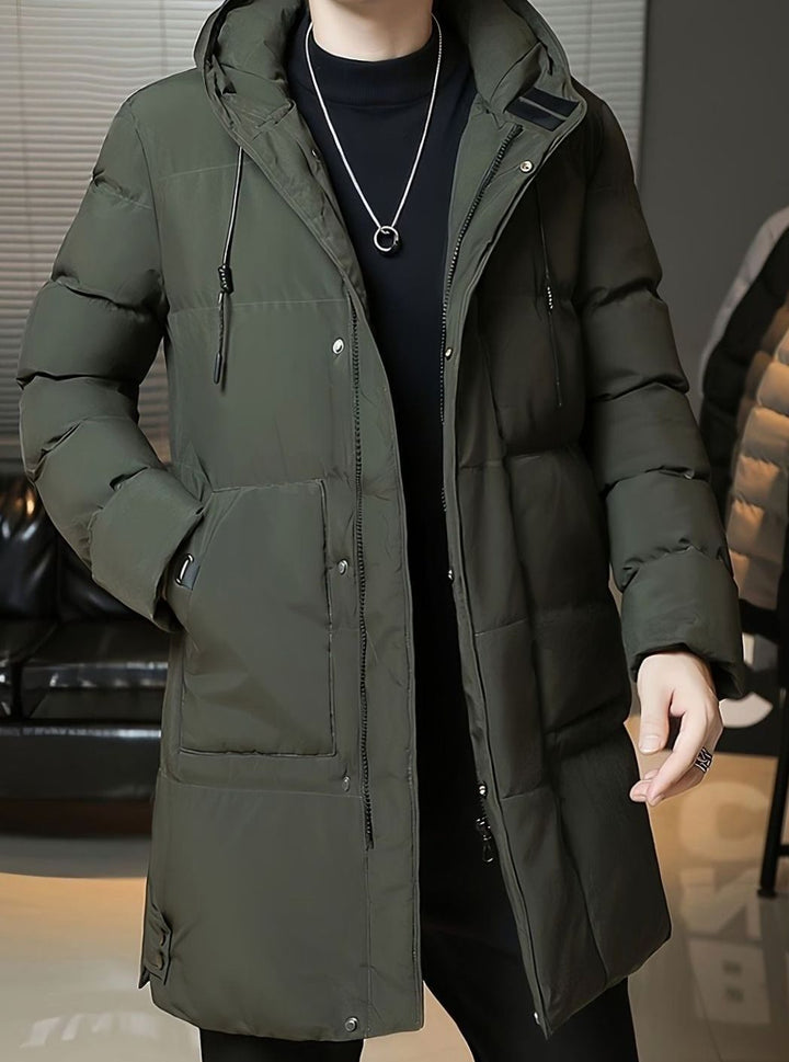 Herren Longline Kapuzen-Pufferjacke Winddichte Winterjacke
