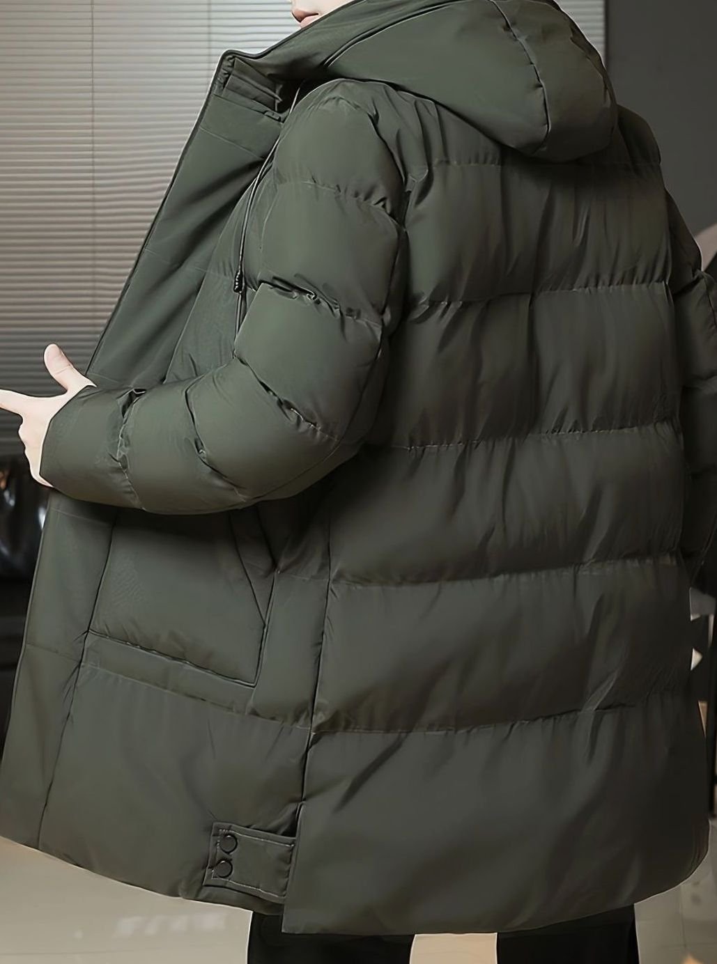 Herren Longline Kapuzen-Pufferjacke Winddichte Winterjacke