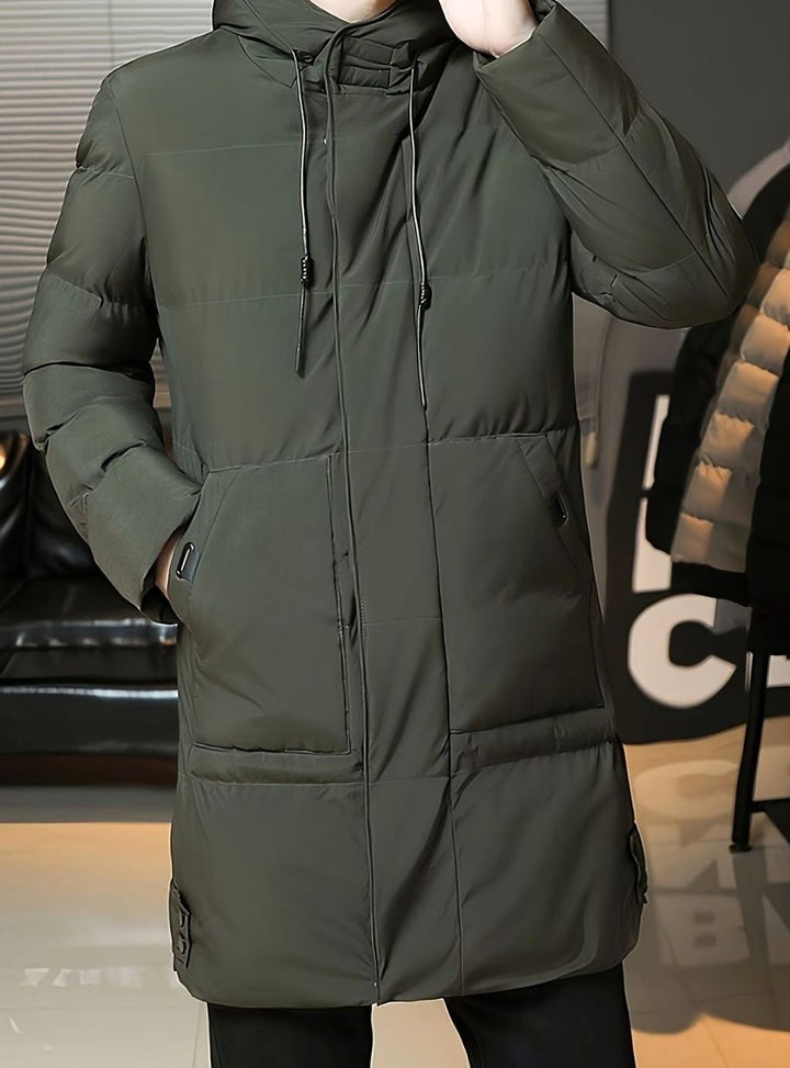 Herren Longline Kapuzen-Pufferjacke Winddichte Winterjacke