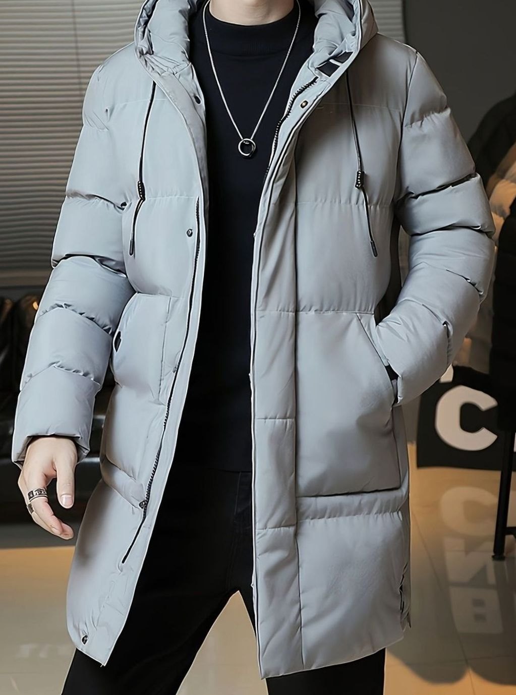 Herren Longline Kapuzen-Pufferjacke Winddichte Winterjacke