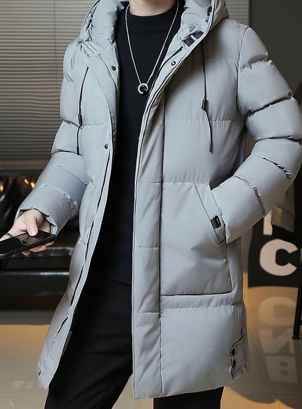 Herren Longline Kapuzen-Pufferjacke Winddichte Winterjacke