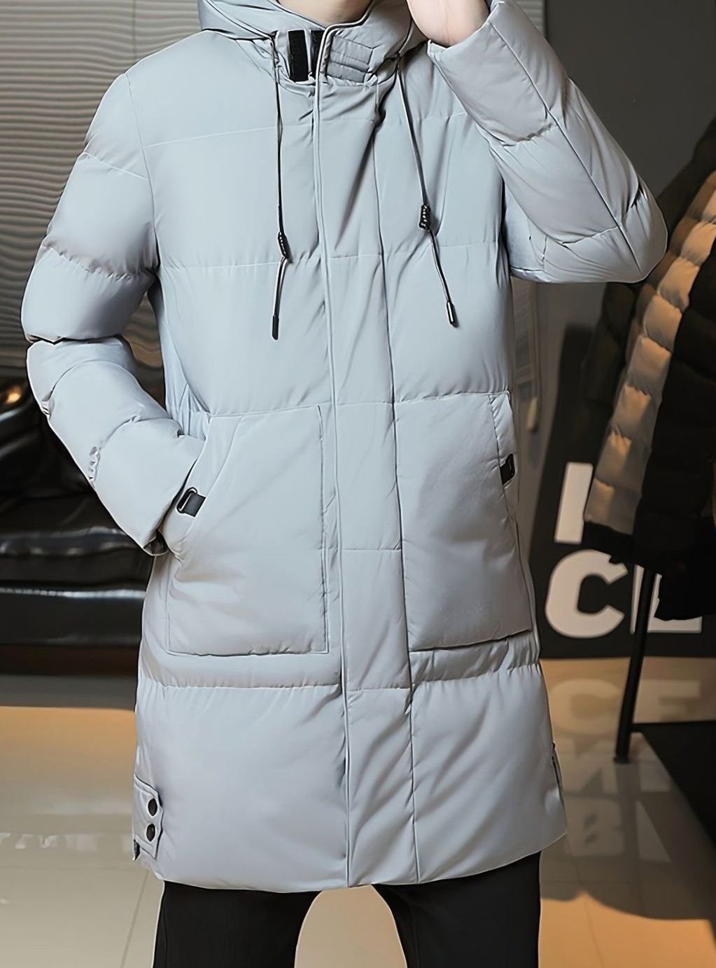 Herren Longline Kapuzen-Pufferjacke Winddichte Winterjacke