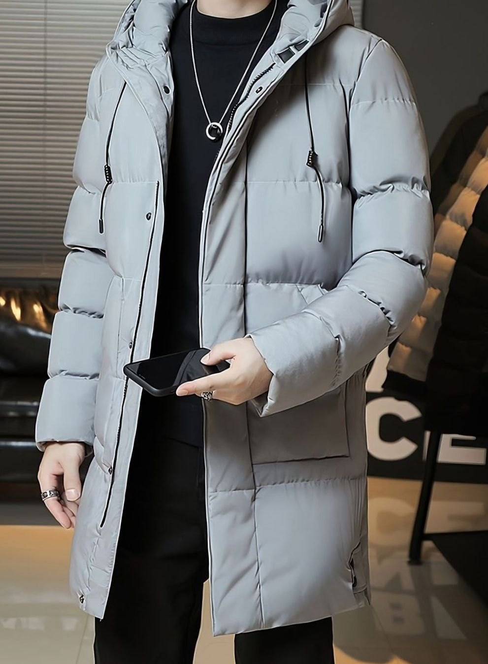 Herren Longline Kapuzen-Pufferjacke Winddichte Winterjacke