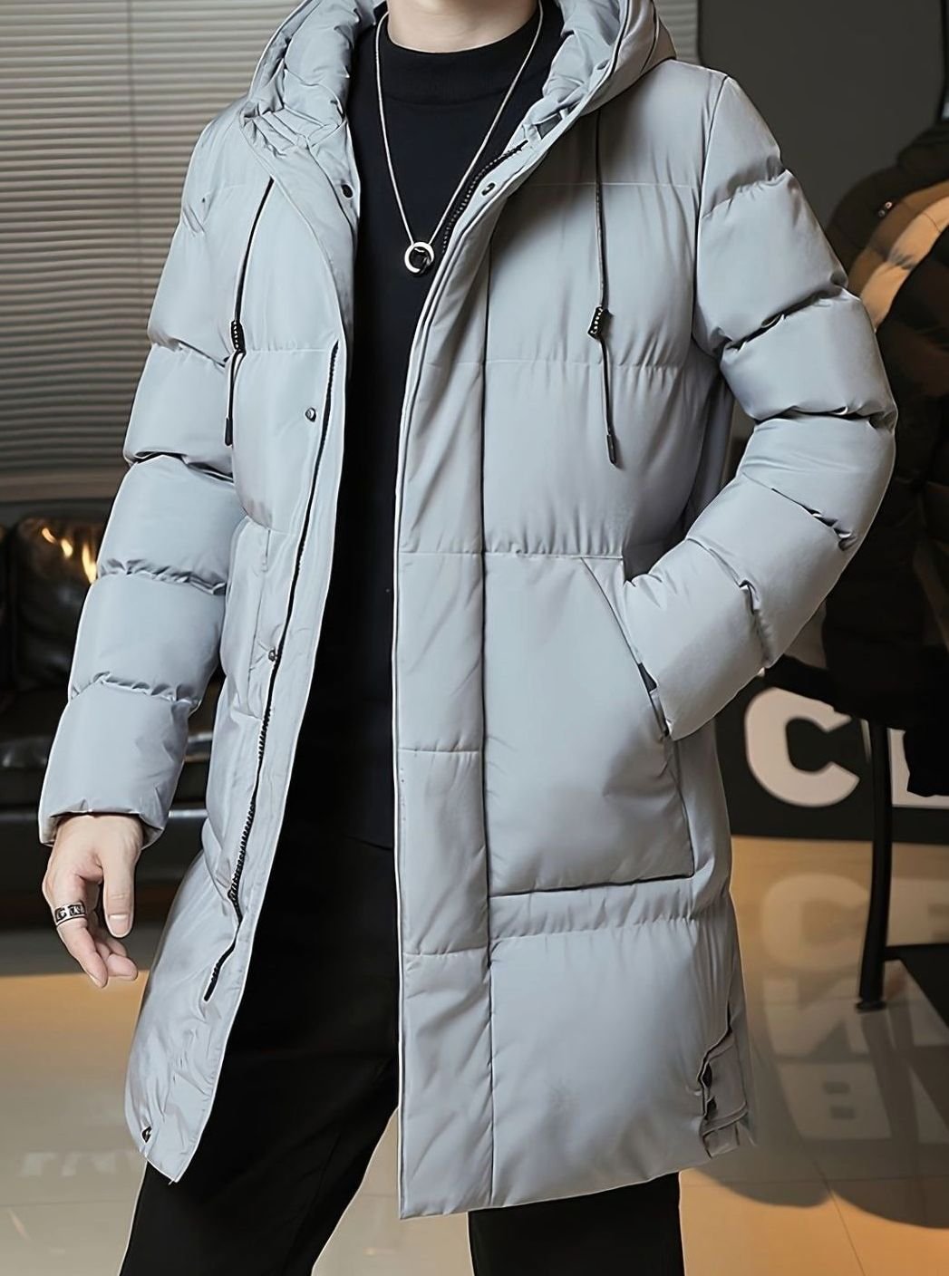 Herren Longline Kapuzen-Pufferjacke Winddichte Winterjacke