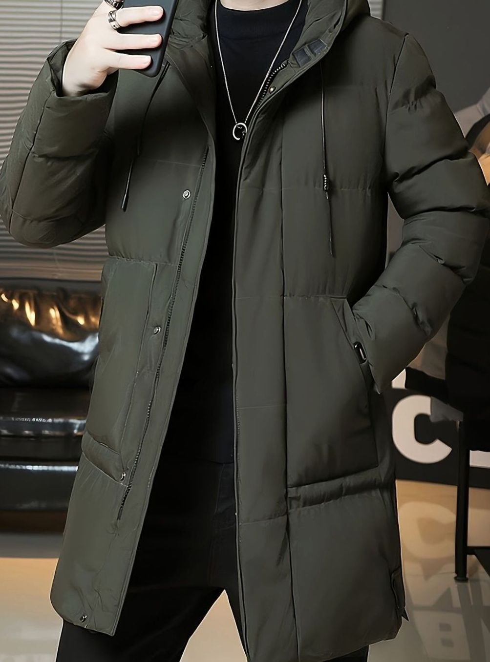 Herren Longline Kapuzen-Pufferjacke Winddichte Winterjacke