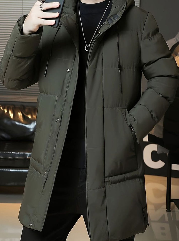 Herren Longline Kapuzen-Pufferjacke Winddichte Winterjacke