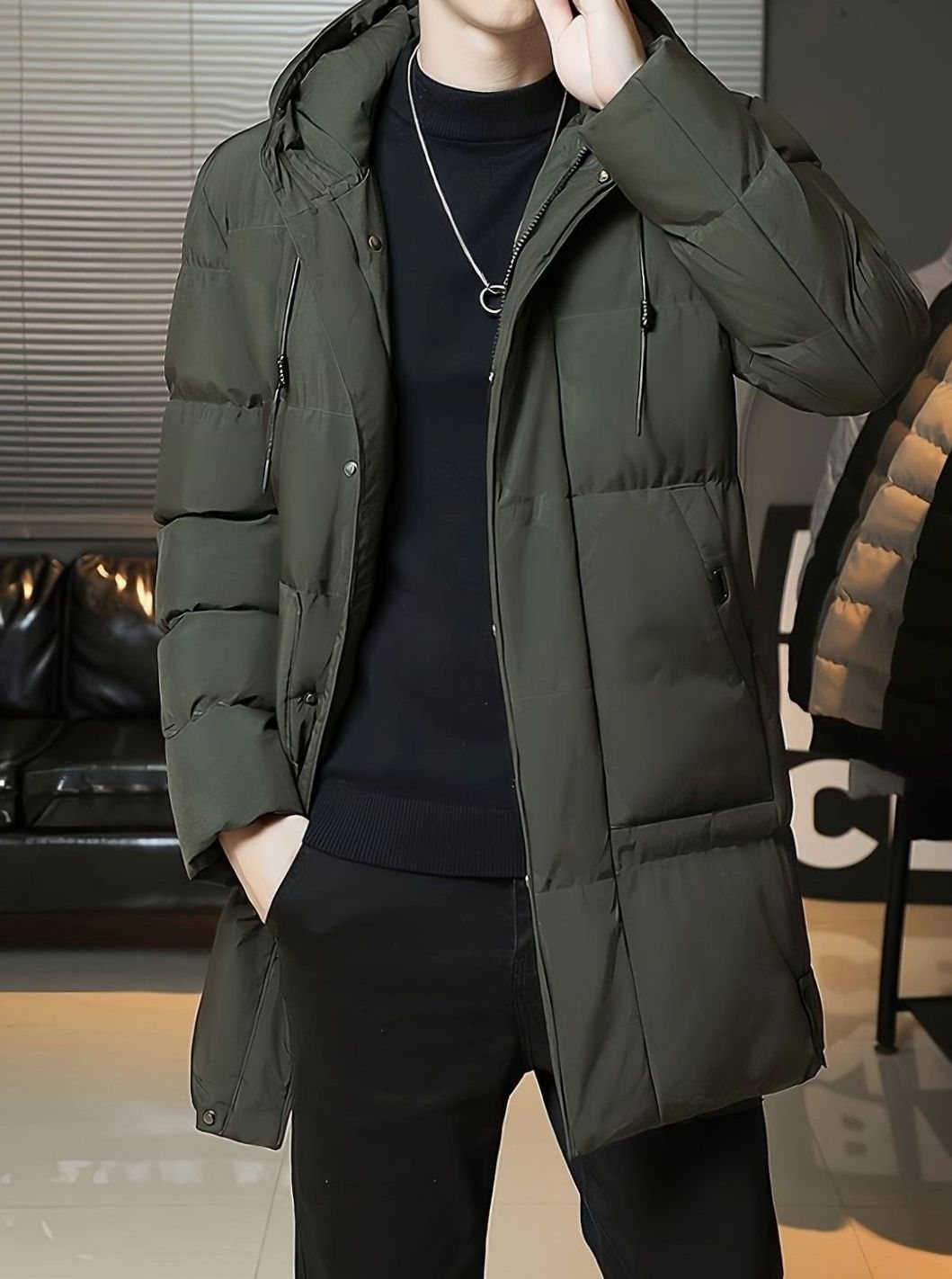 Herren Longline Kapuzen-Pufferjacke Winddichte Winterjacke