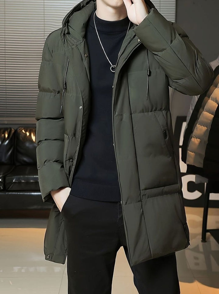 Herren Longline Kapuzen-Pufferjacke Winddichte Winterjacke