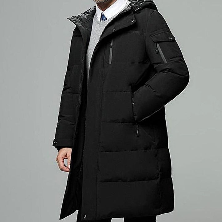 Herren Longline Pufferjacke mit Kapuze Warm Gefüttert - Schwarz