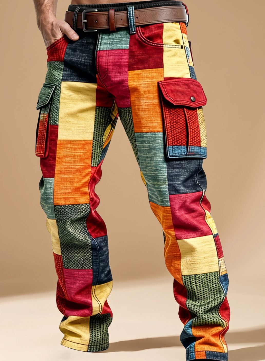 Herren Mehrfarbige Patchwork Cargo-Hose Regular Fit - Mehrfarbig
