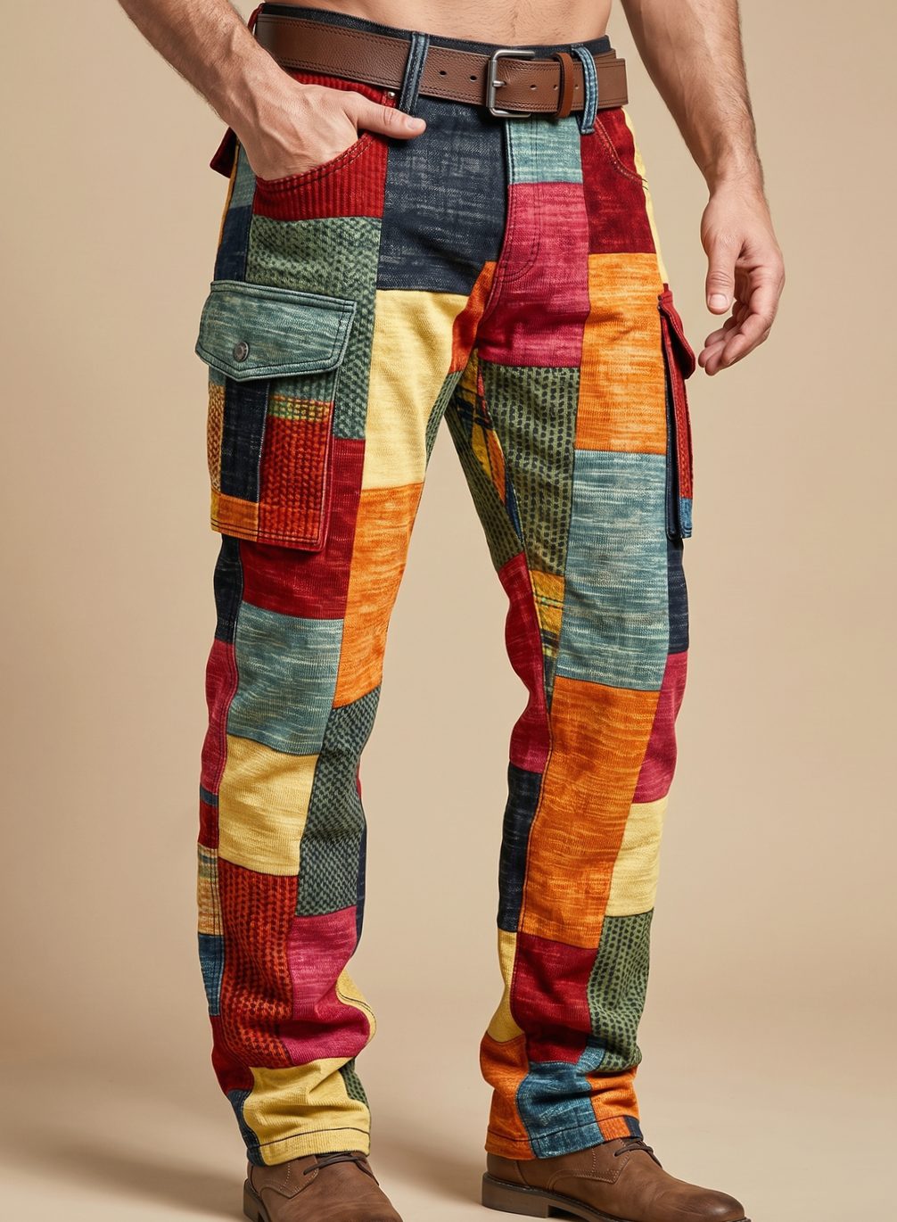 Herren Mehrfarbige Patchwork Cargo-Hose Regular Fit