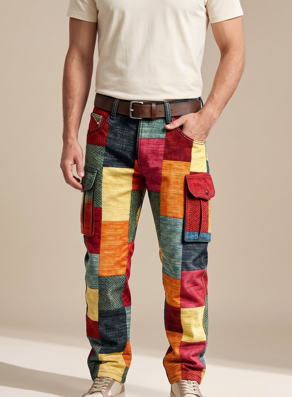 Herren Mehrfarbige Patchwork Cargo-Hose Regular Fit