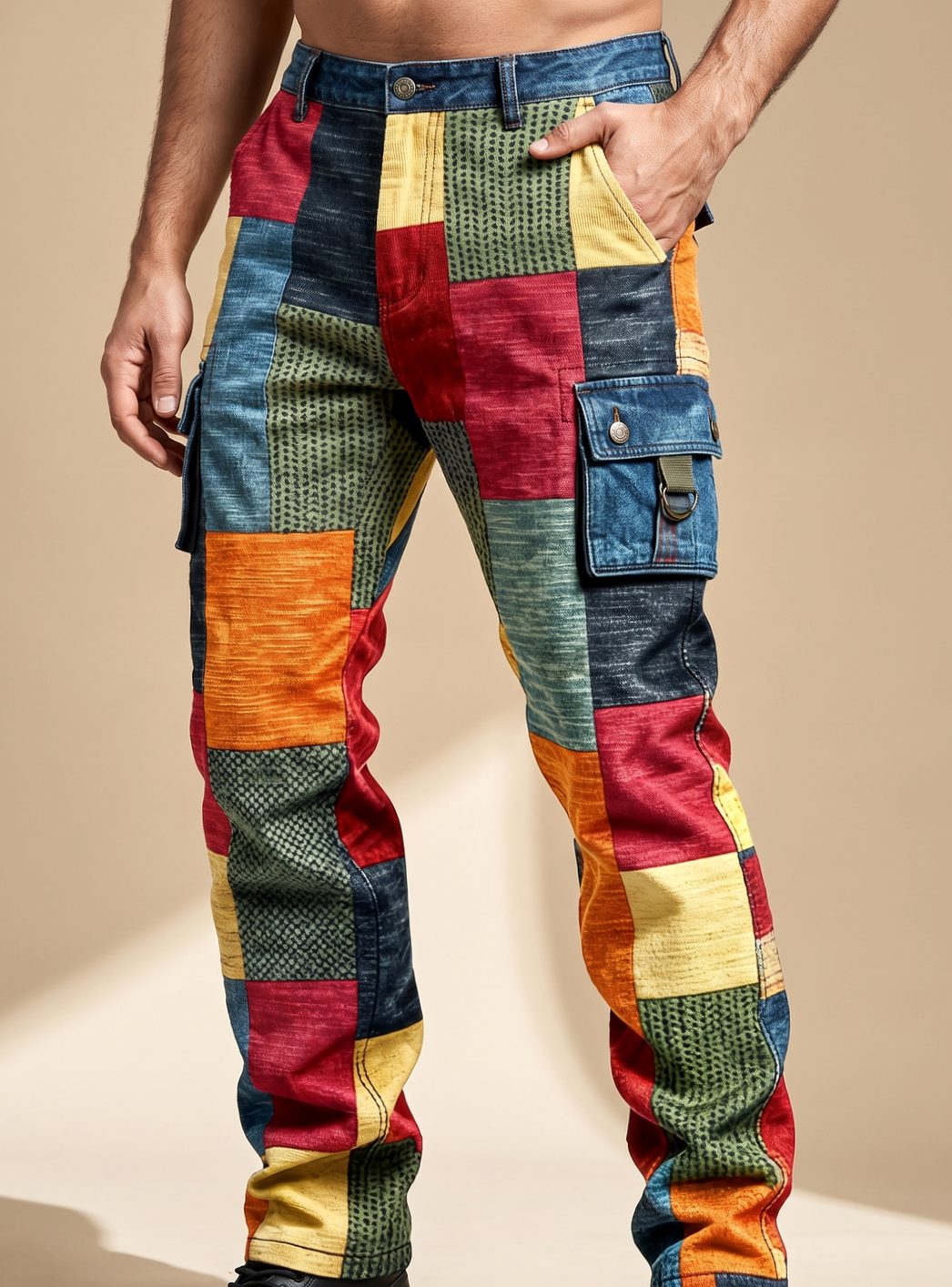 Herren Mehrfarbige Patchwork Cargo-Hose Regular Fit