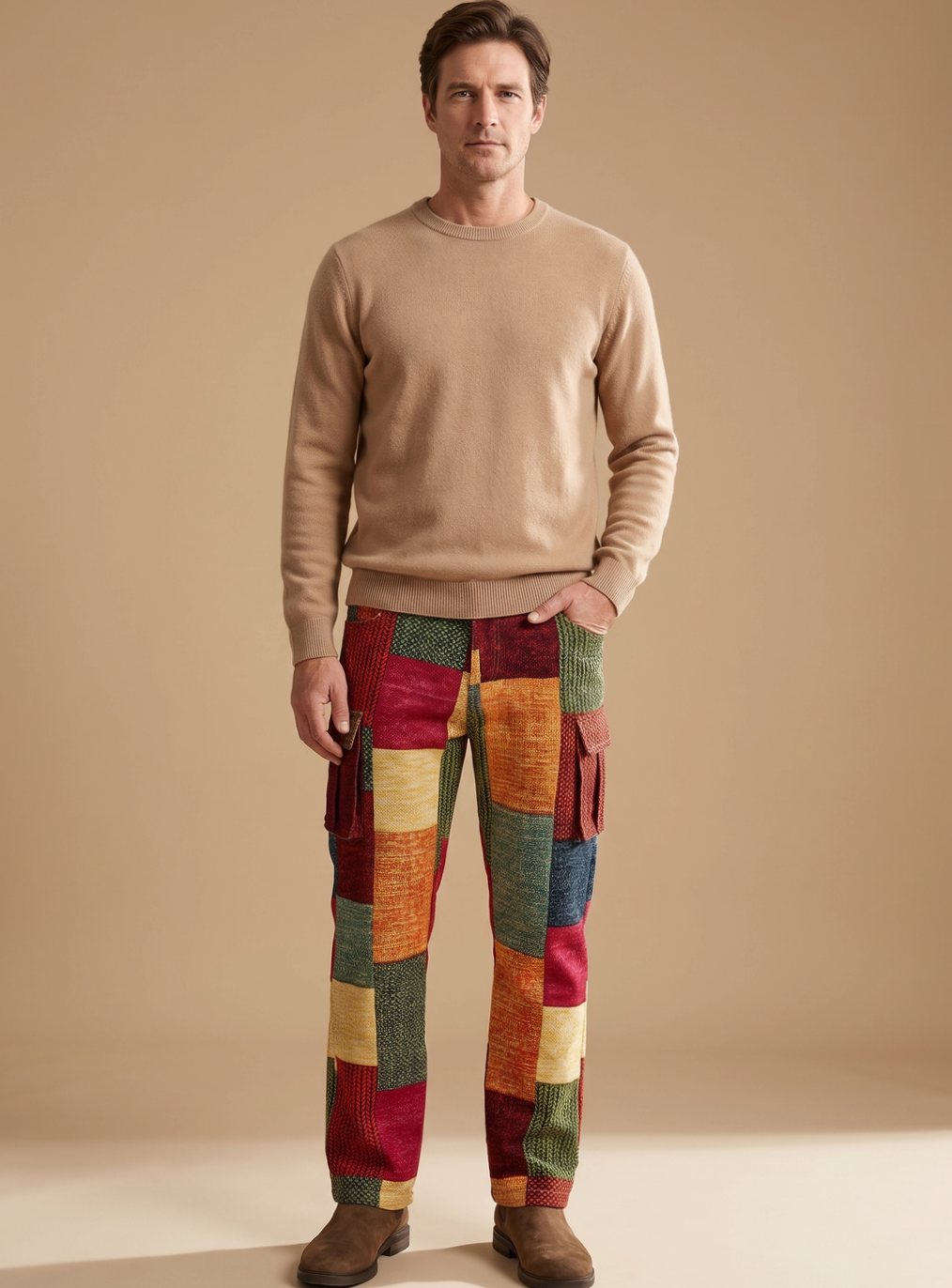 Herren Mehrfarbige Patchwork Cargo-Hose Regular Fit