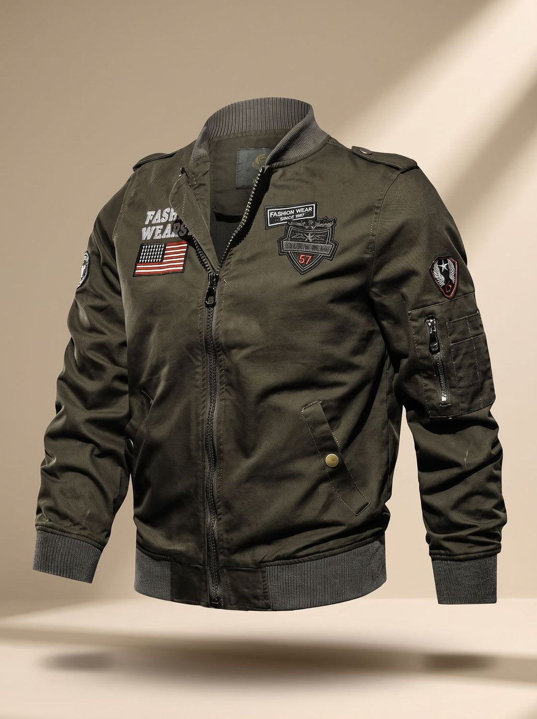 Herren Military Bomberjacke mit Aufnähern und Reißverschlusstaschen - Grün