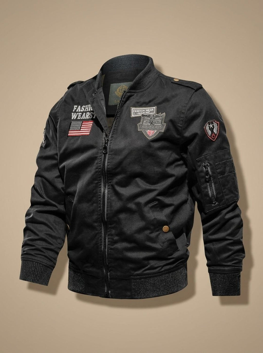 Herren Military Bomberjacke mit Aufnähern und Reißverschlusstaschen - Schwarz