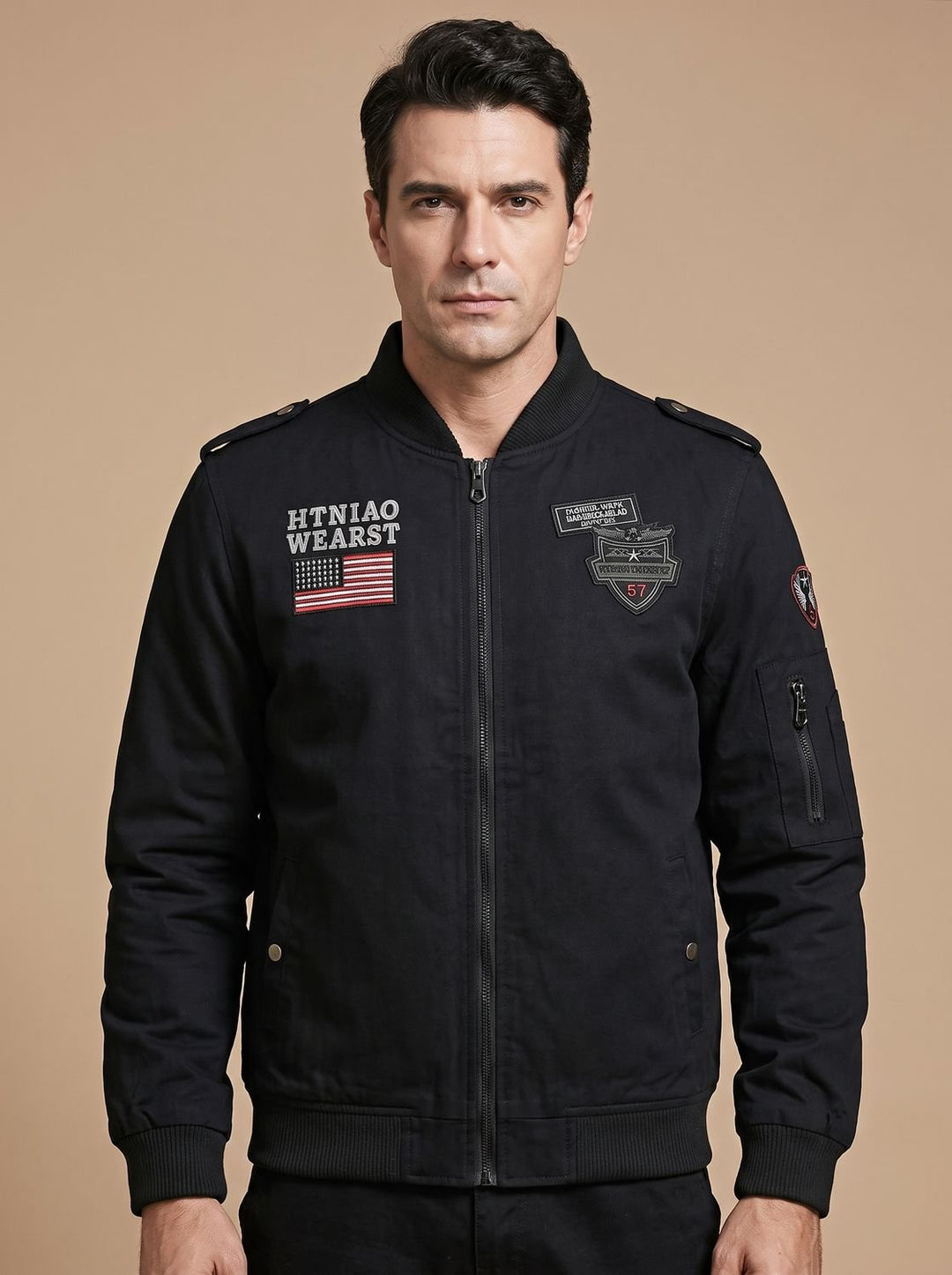 Herren Military Bomberjacke mit Aufnähern und Reißverschlusstaschen