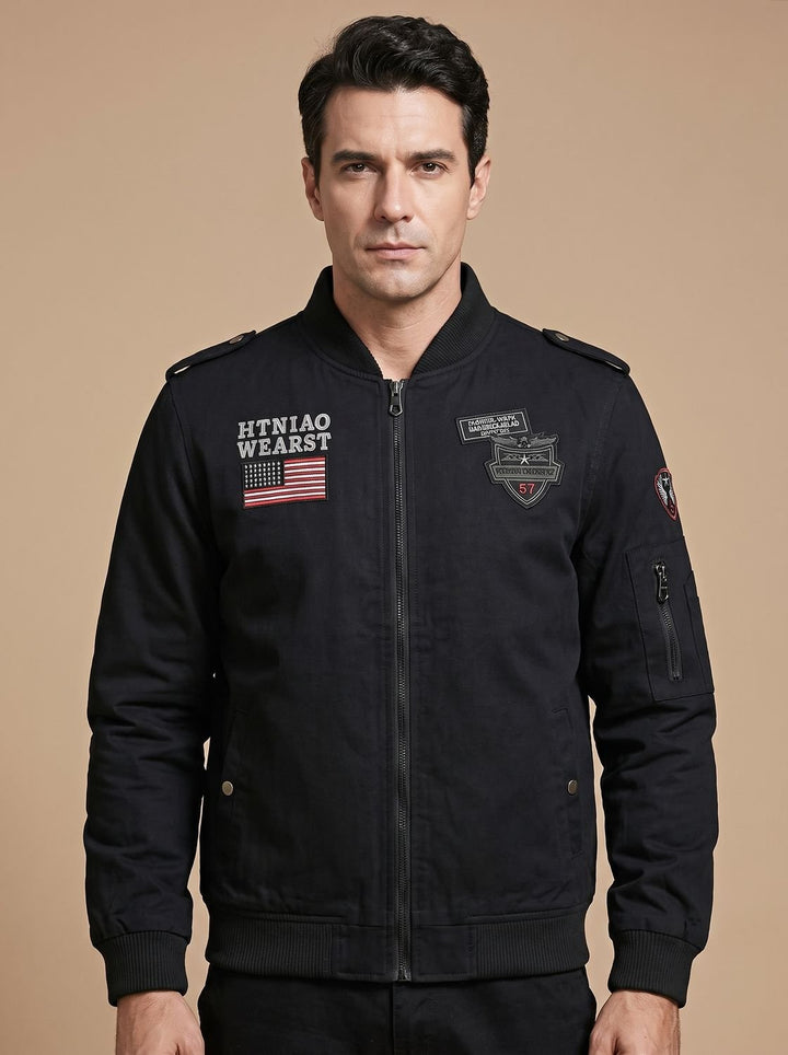 Herren Military Bomberjacke mit Aufnähern und Reißverschlusstaschen
