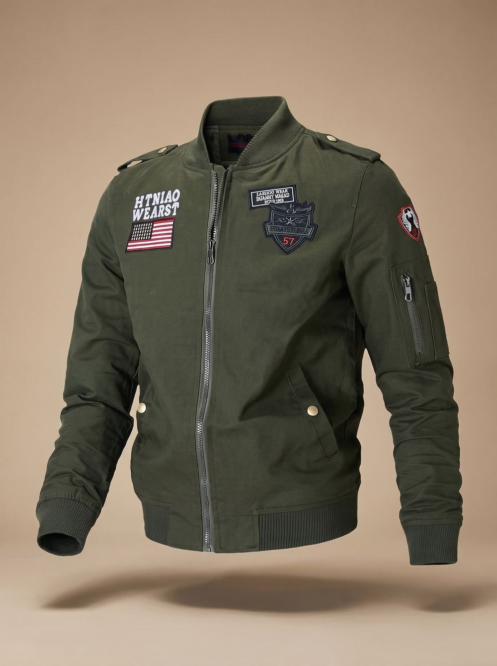 Herren Militär-Bomberjacke mit Patches Stehkragen Reißverschluss