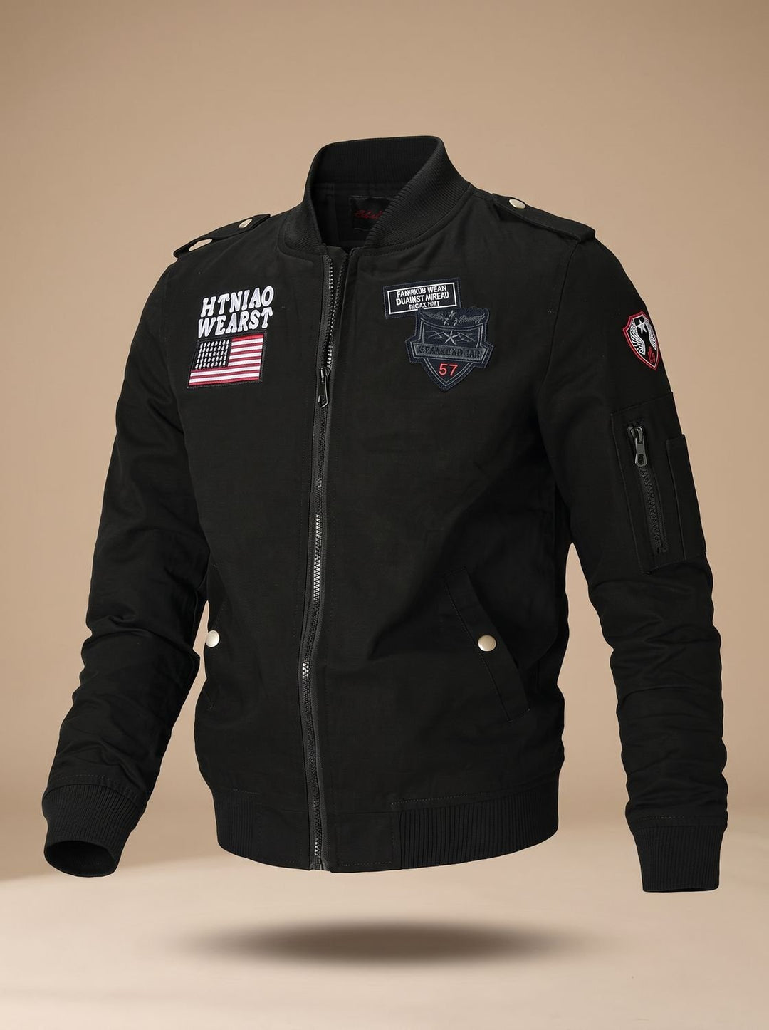 Herren Militär-Bomberjacke mit Patches Stehkragen Reißverschluss
