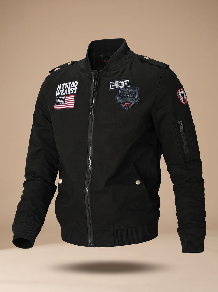 Herren Militär-Bomberjacke mit Patches Stehkragen Reißverschluss