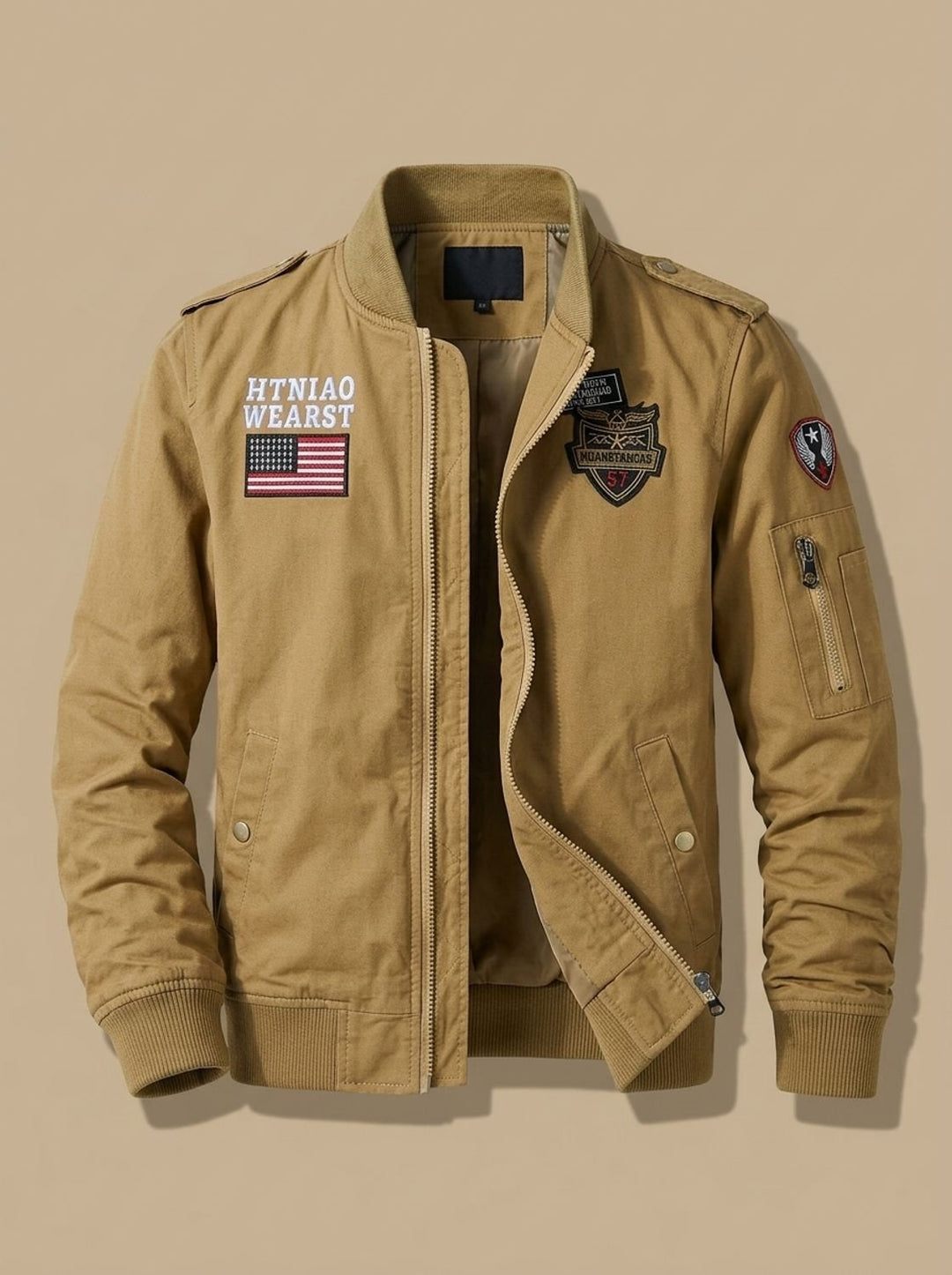Herren Militär-Bomberjacke mit Patches Stehkragen Reißverschluss