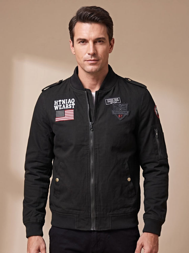 Herren Militär-Bomberjacke mit Patches Stehkragen Reißverschluss - Schwarz