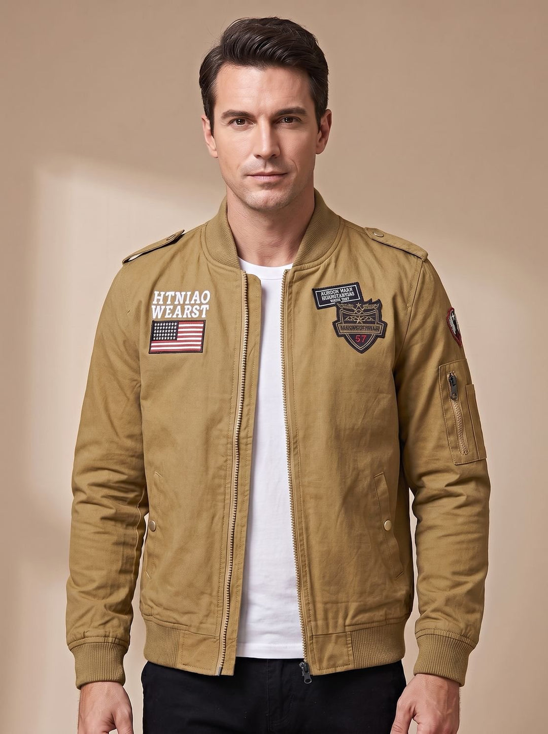Herren Militär-Bomberjacke mit Patches Stehkragen Reißverschluss - Dunkel Khaki