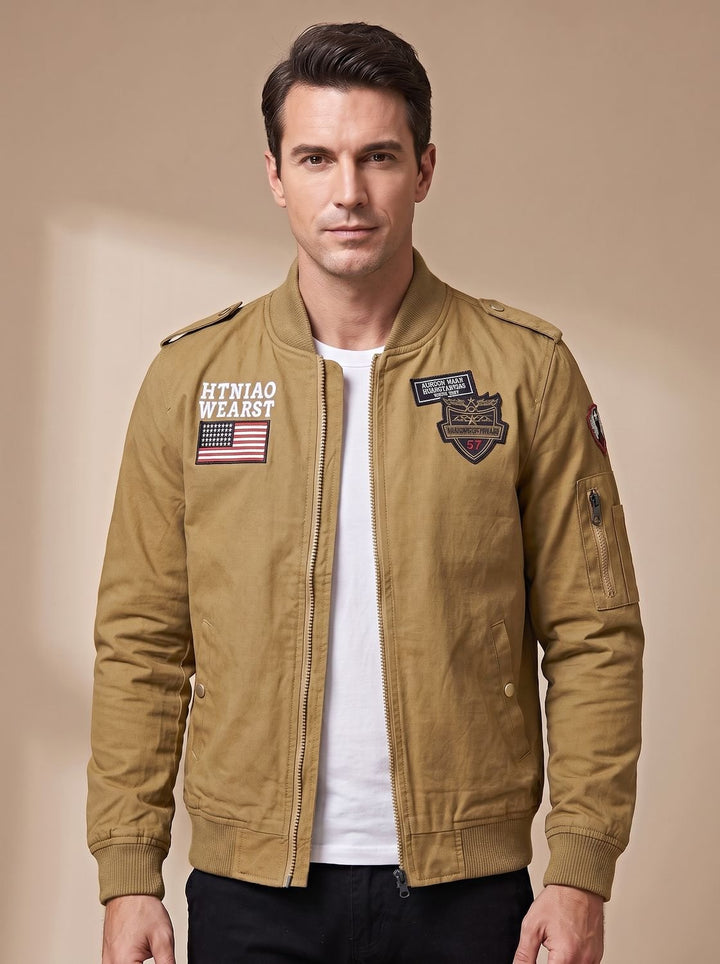 Herren Militär-Bomberjacke mit Patches Stehkragen Reißverschluss - Dunkel Khaki