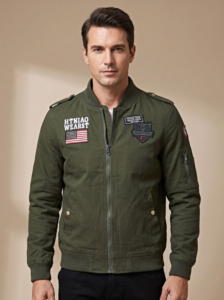 Herren Militär-Bomberjacke mit Patches Stehkragen Reißverschluss - Dunkelgrün