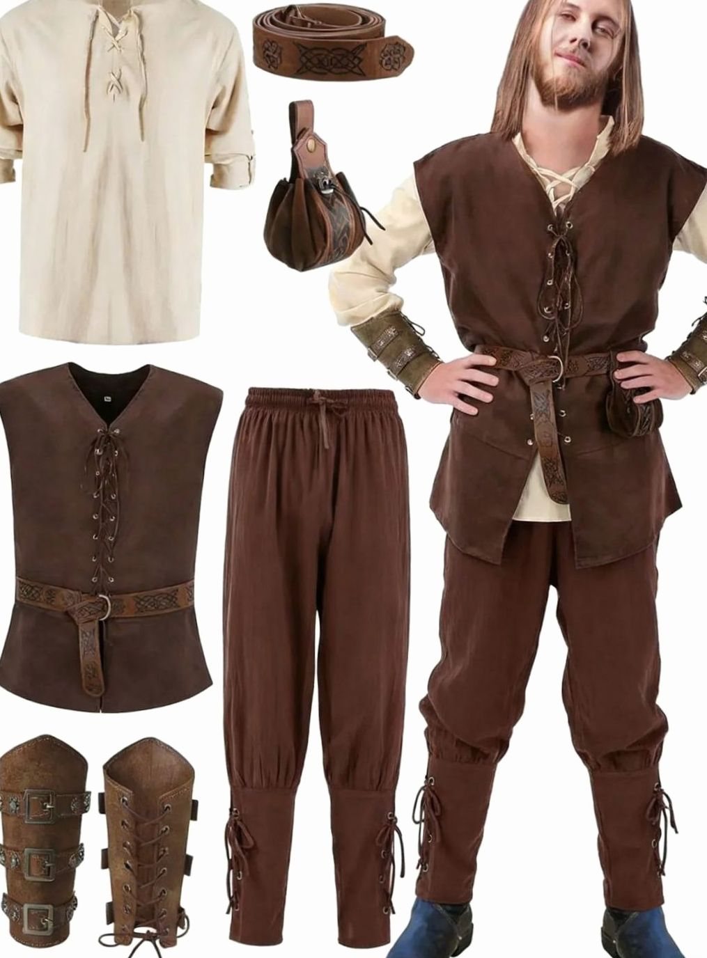 Herren Mittelalter Kostüm Set Schnür-Hemd Weste Hose Gürtel Armstulpen - Beige-Braun