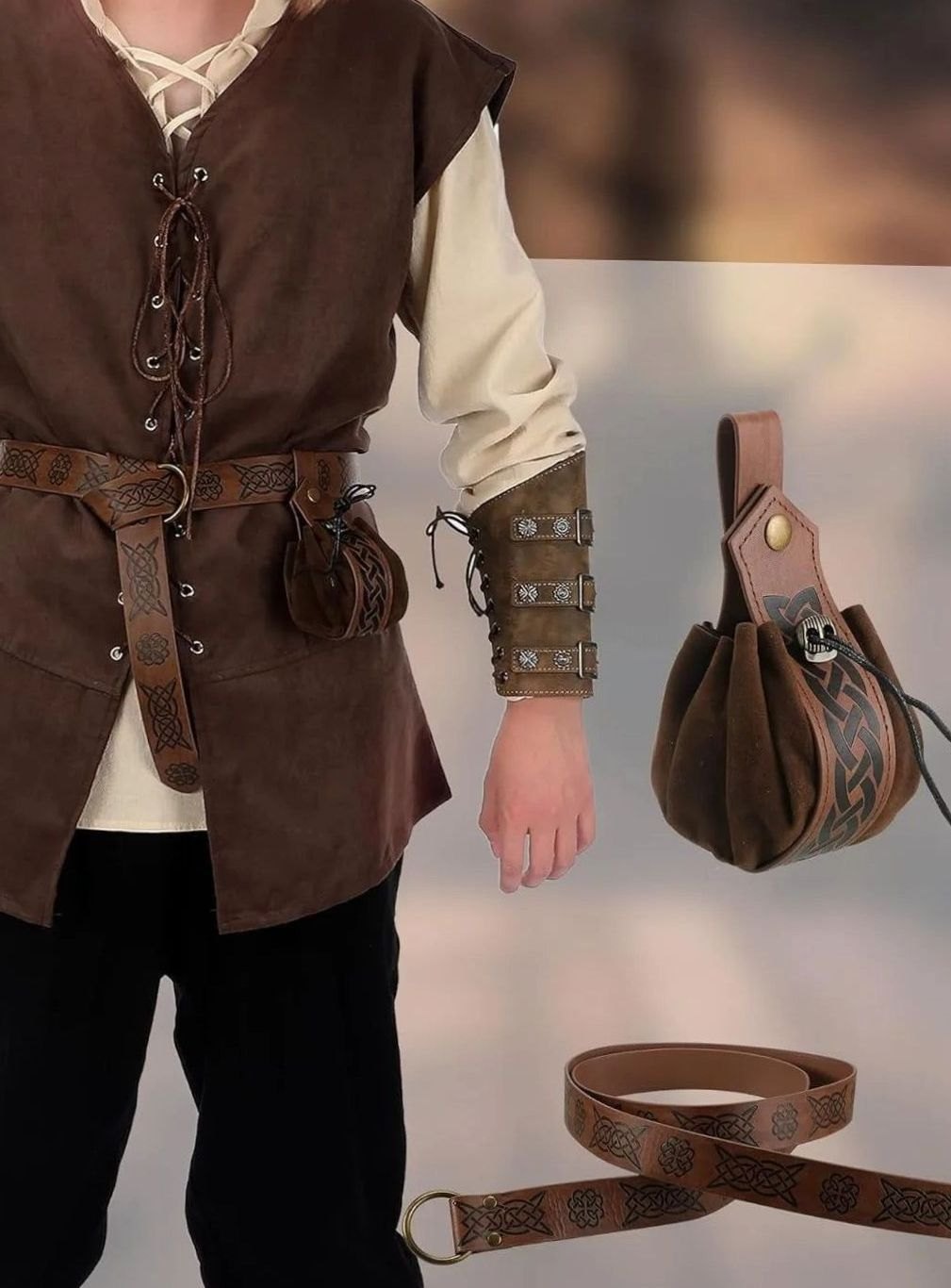 Herren Mittelalter Kostüm Set Schnür-Hemd Weste Hose Gürtel Armstulpen