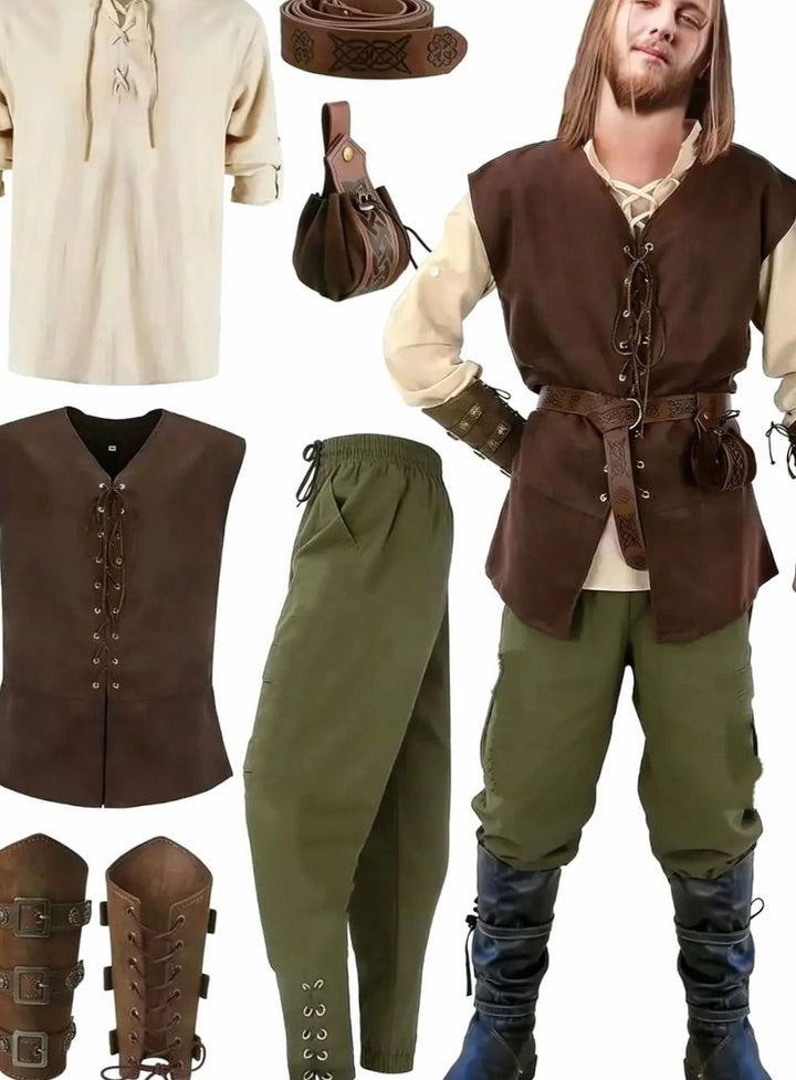 Herren Mittelalter Kostüm Set Schnür-Hemd Weste Hose Gürtel Armstulpen - Beige-Grün