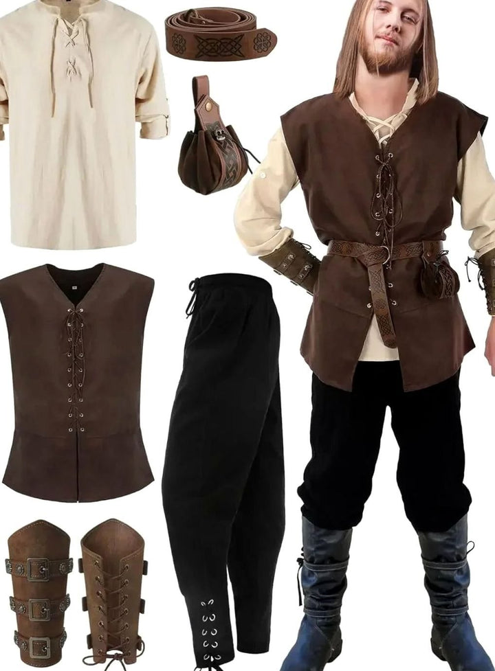 Herren Mittelalter Kostüm Set Schnür-Hemd Weste Hose Gürtel Armstulpen - Beige-Schwarz