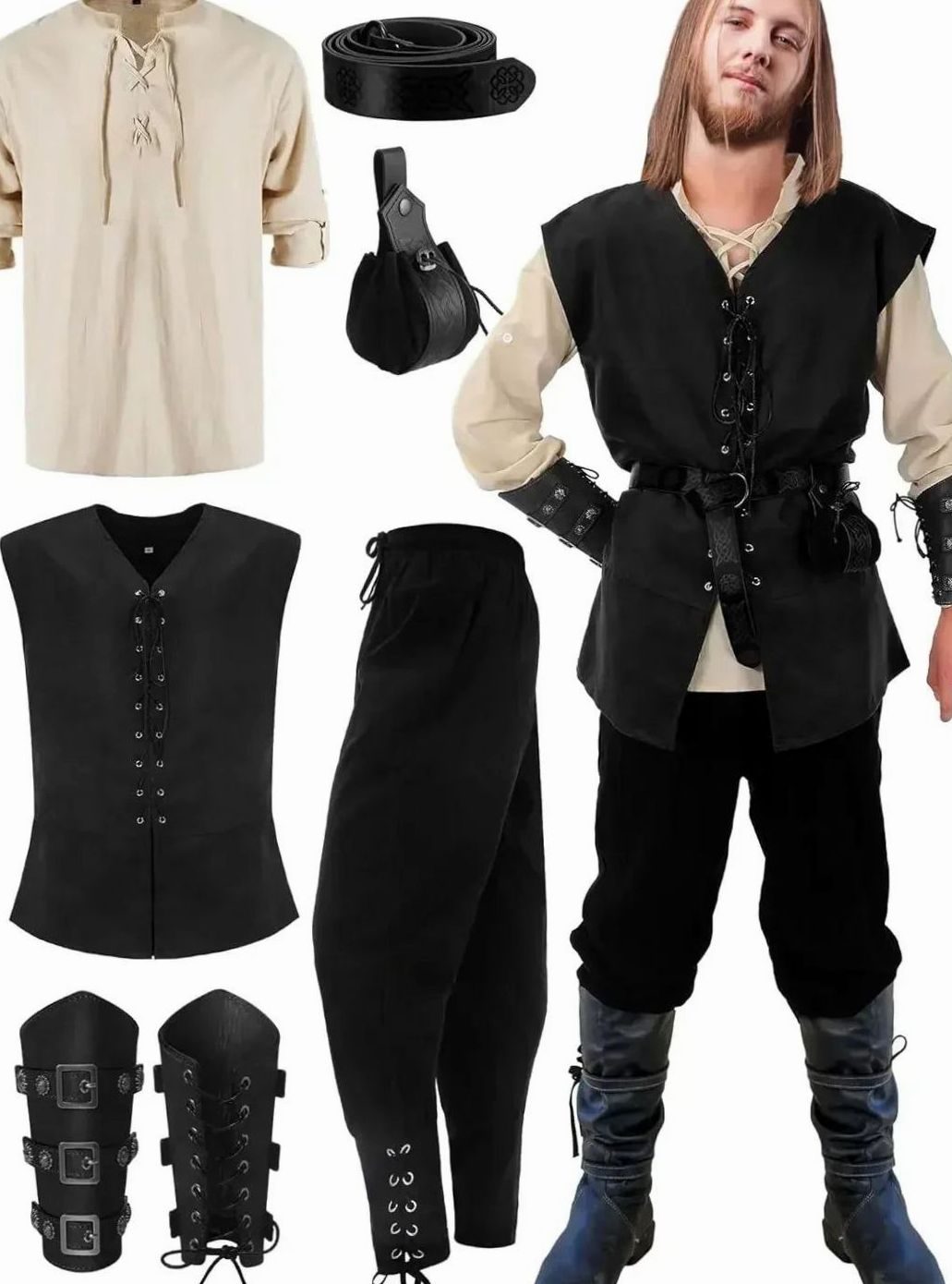 Herren Mittelalter Kostüm Set Schnür-Hemd Weste Hose Gürtel Armstulpen - Beige-Schwarz-Weste