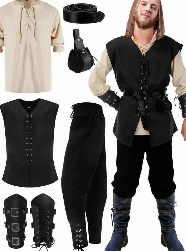 Herren Mittelalter Kostüm Set Schnür-Hemd Weste Hose Gürtel Armstulpen - Beige-Schwarz-Weste