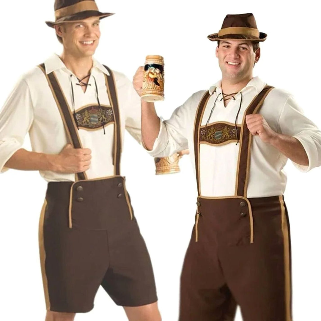 Herren Oktoberfest Kostüm Lederhosenträger Braun Trachtenshorts mit Hut