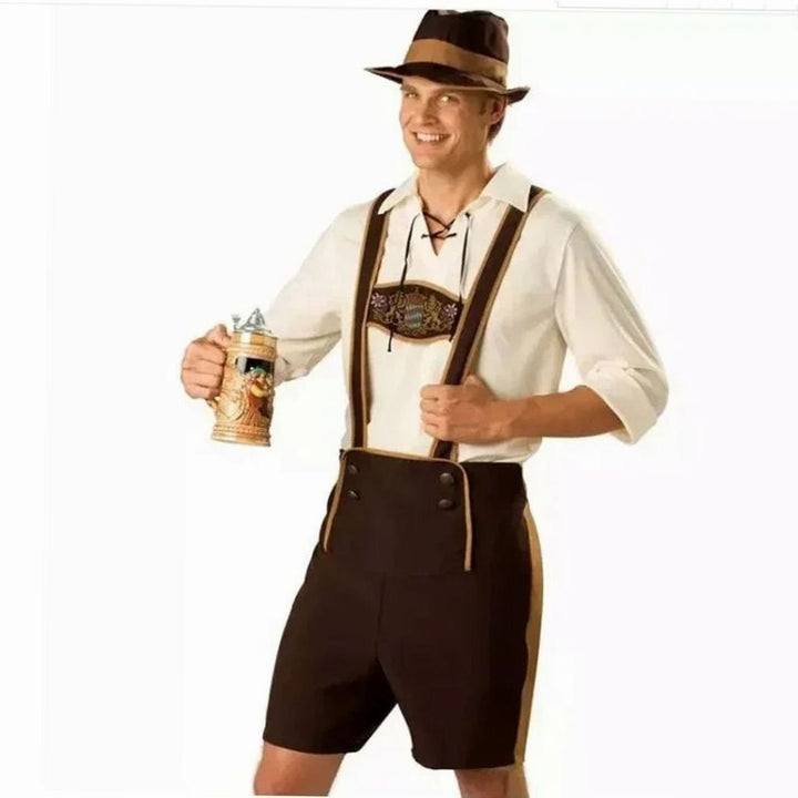 Herren Oktoberfest Kostüm Lederhosenträger Braun Trachtenshorts mit Hut