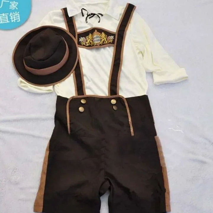 Herren Oktoberfest Kostüm Lederhosenträger Braun Trachtenshorts mit Hut