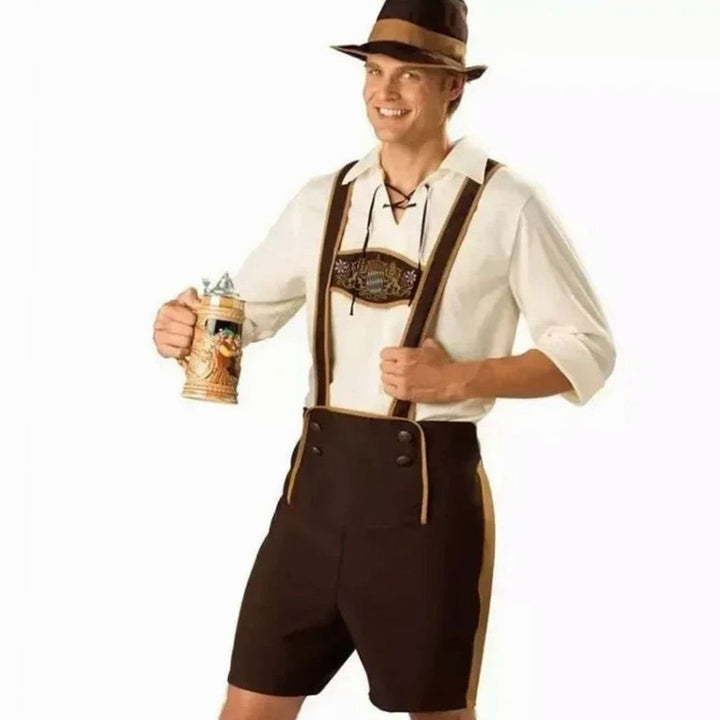 Herren Oktoberfest Kostüm Lederhosenträger Braun Trachtenshorts mit Hut
