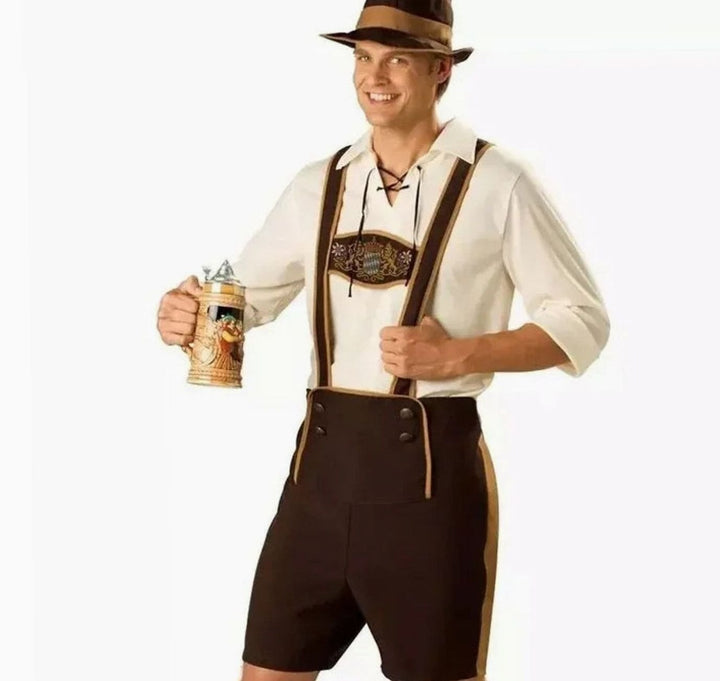 Herren Oktoberfest Kostüm Lederhosenträger Braun Trachtenshorts mit Hut - Braun
