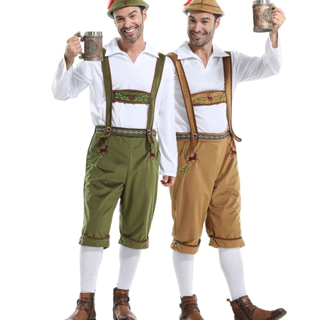 Herren Oktoberfest Kostüm Set Lederhosen Träger Hemd Hut