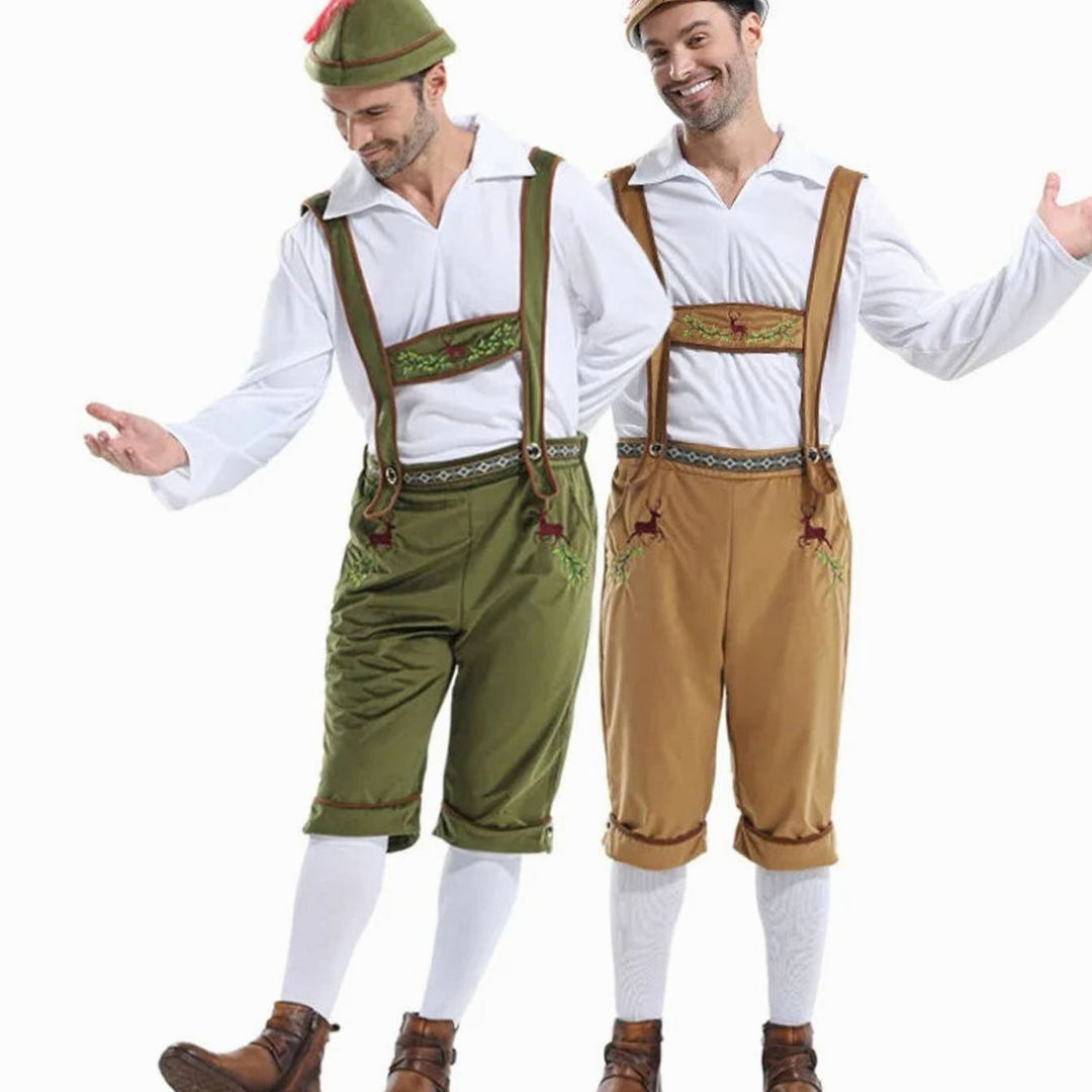 Herren Oktoberfest Kostüm Set Lederhosen Träger Hemd Hut