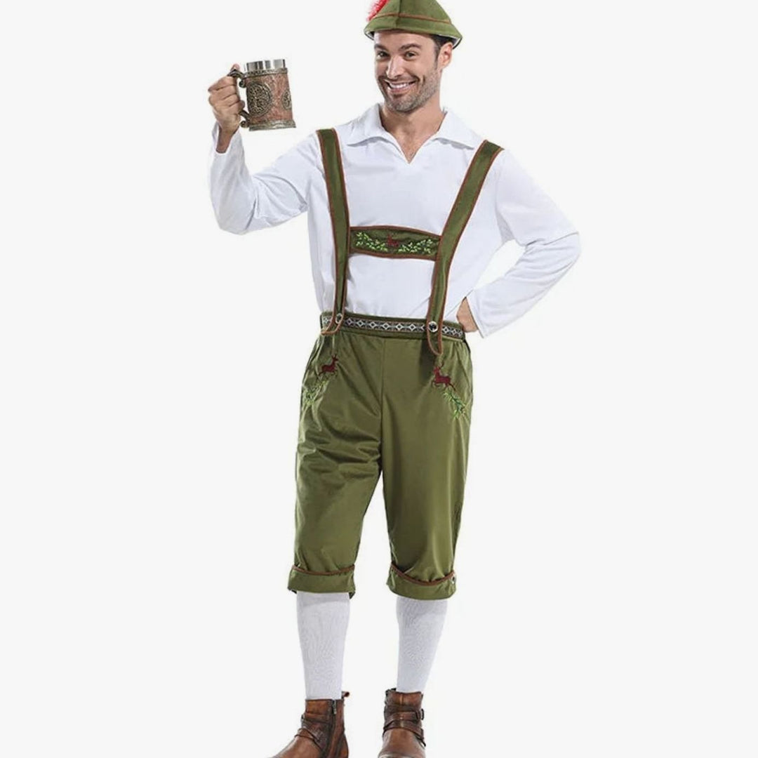 Herren Oktoberfest Kostüm Set Lederhosen Träger Hemd Hut - Grün