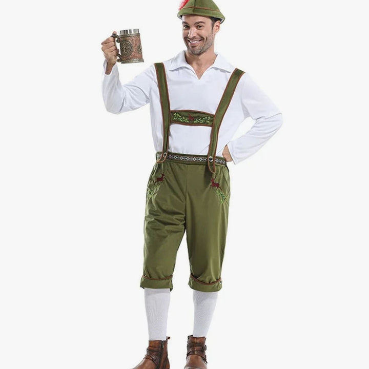 Herren Oktoberfest Kostüm Set Lederhosen Träger Hemd Hut - Grün