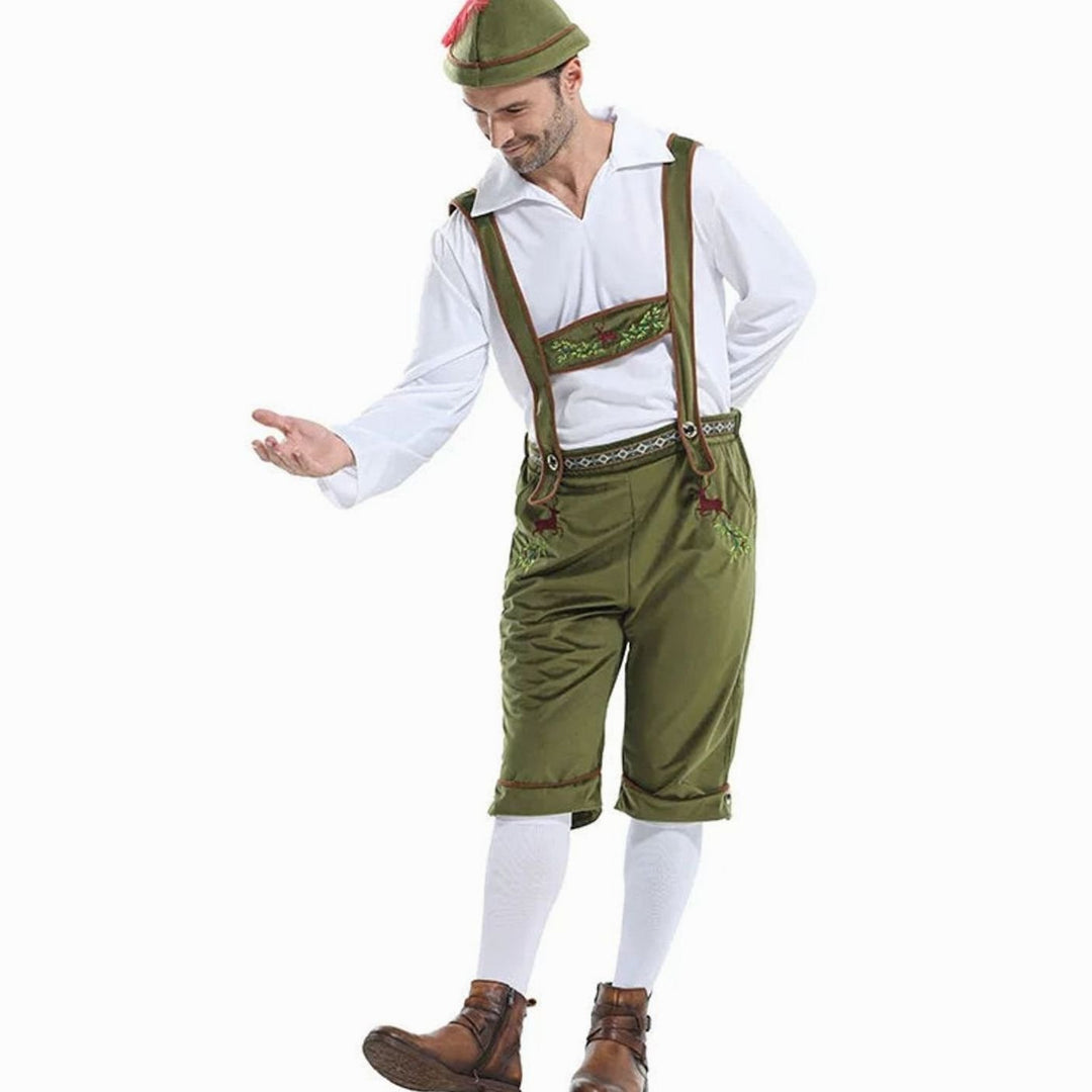 Herren Oktoberfest Kostüm Set Lederhosen Träger Hemd Hut