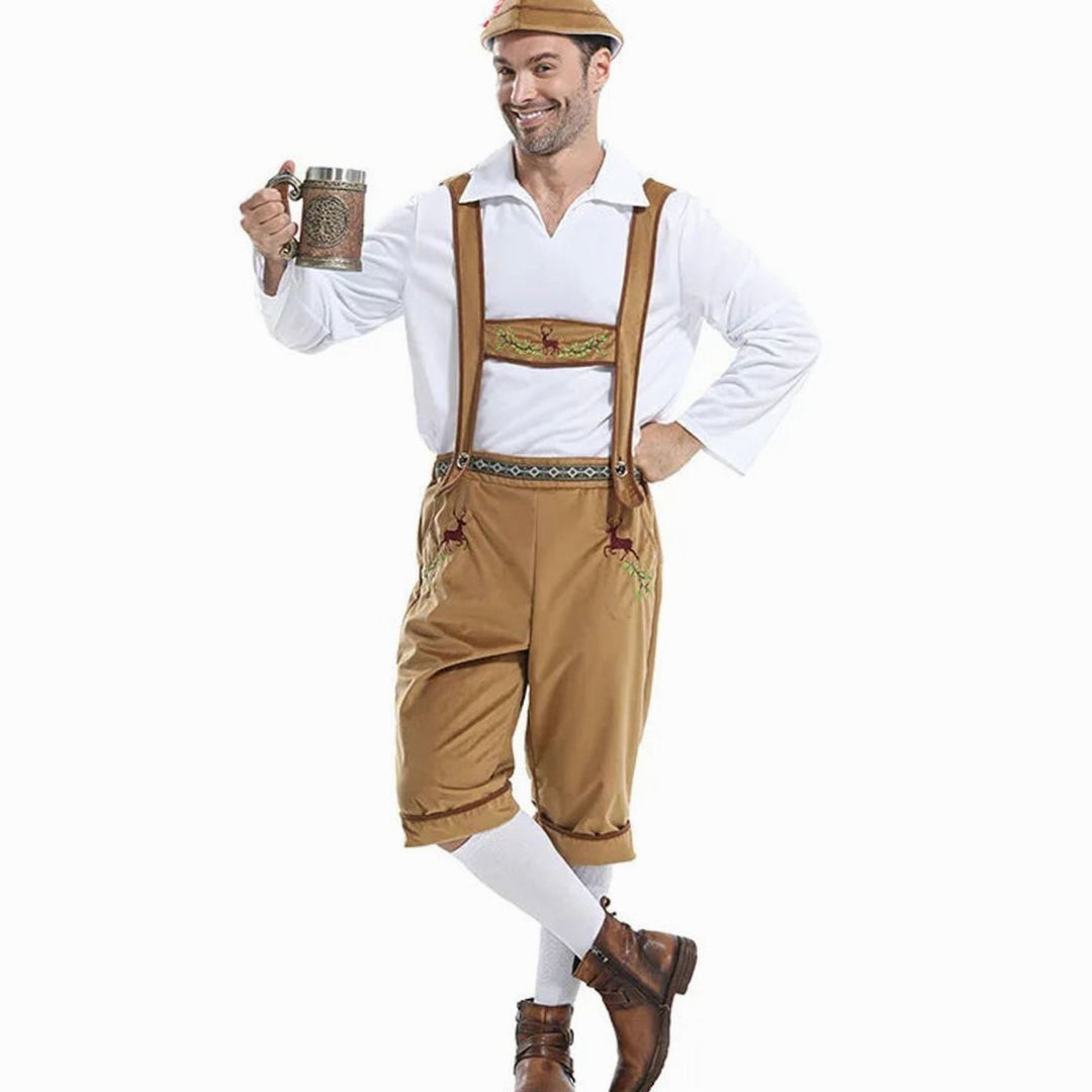 Herren Oktoberfest Kostüm Set Lederhosen Träger Hemd Hut - Braun