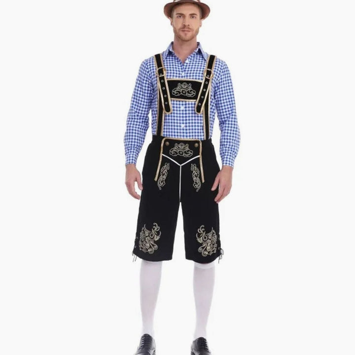 Herren Oktoberfest Trachten-Set Lederhosen-Stil Kniebundhose Karohemd - Schwarz Kariert (Blau/Weiß Hemd)